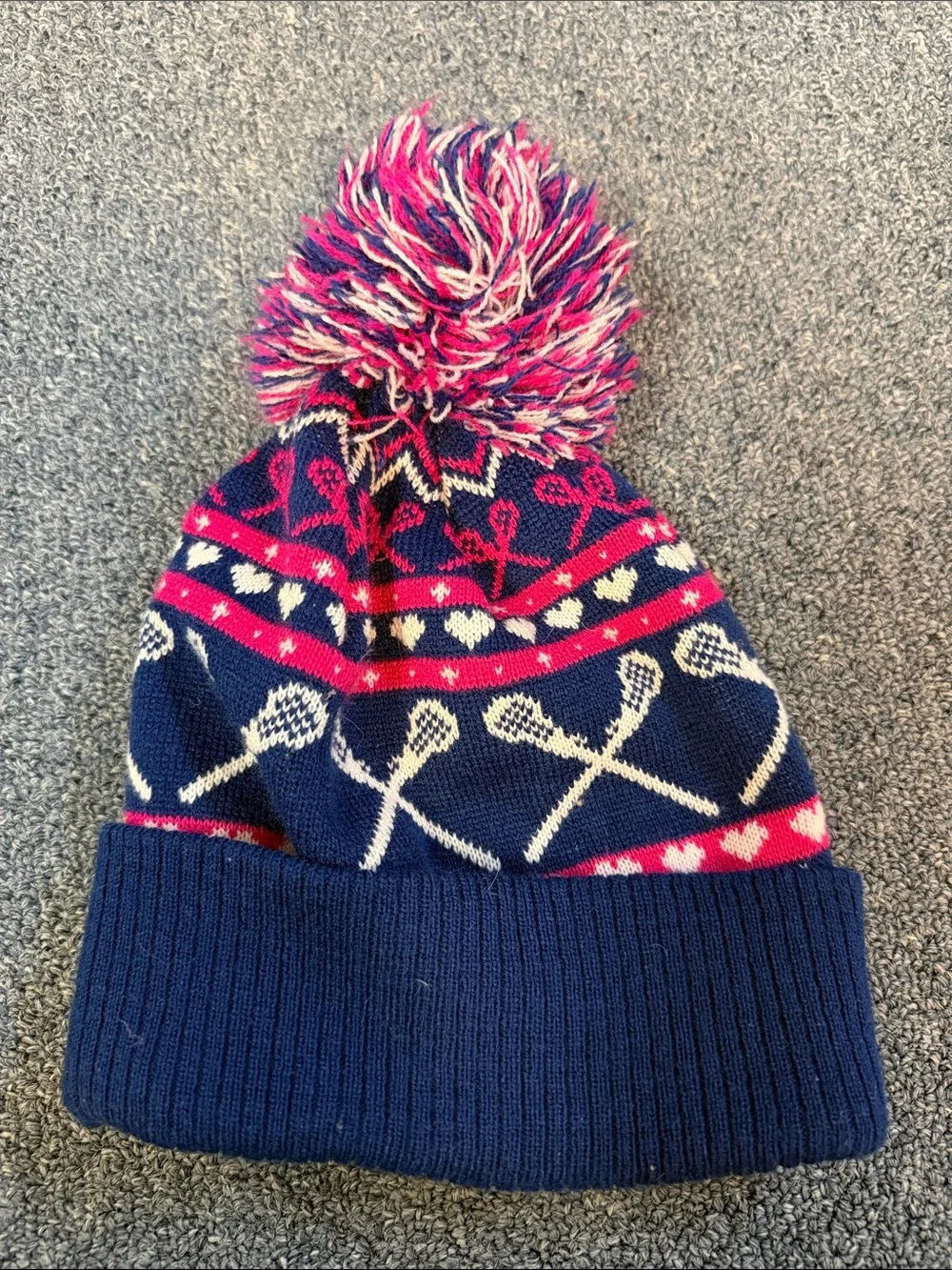 Kids Navy Pom Pom Beanie Hat with Pink Accent